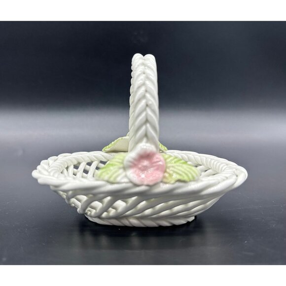Vintage Basket Trinket Dish Cabo Spain SL Reticulated White Pink Flowers Repair - Picture 4 of 10